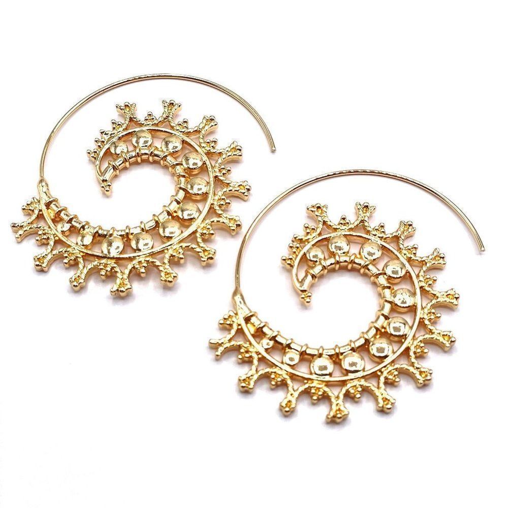 Yellow Gold Tribal Boho Mandala Spiral Swirl Hook Earrings
